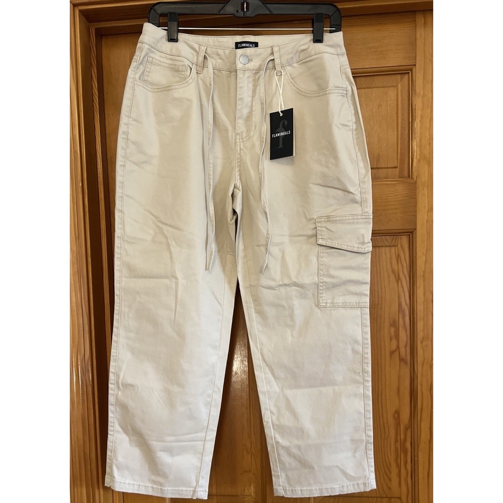 Flamingals Women's Khaki Cargo Pants Flap Pocket Drawstring Sz Medium